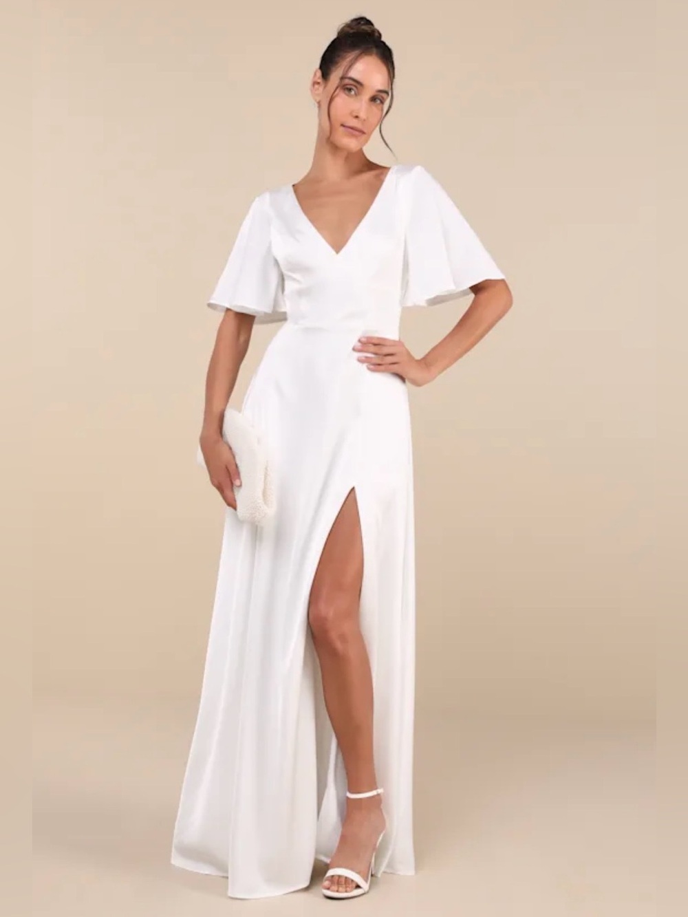 Lulu's Elegant Confidence White Satin Flutter Sleeve Cutout High Slit Maxi Dress